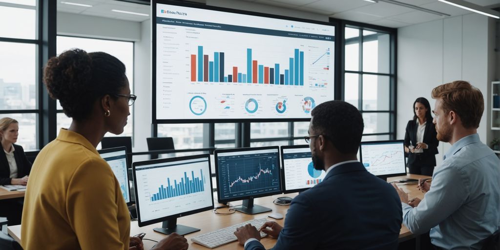 Professionals analyzing data charts on a screen