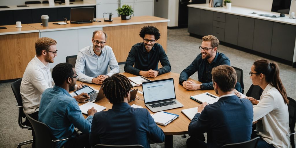 People collaborating around a table with laptops and notebooks