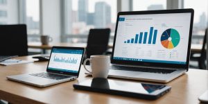 Laptop showing data charts on office desk