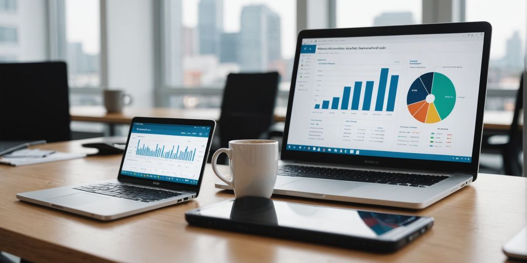 Laptop showing data charts on office desk