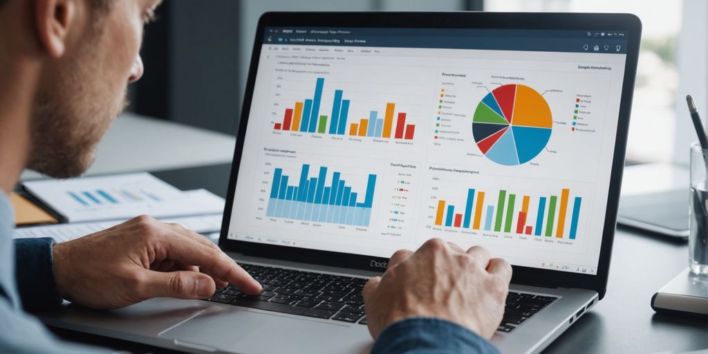 Person analyzing data charts on laptop