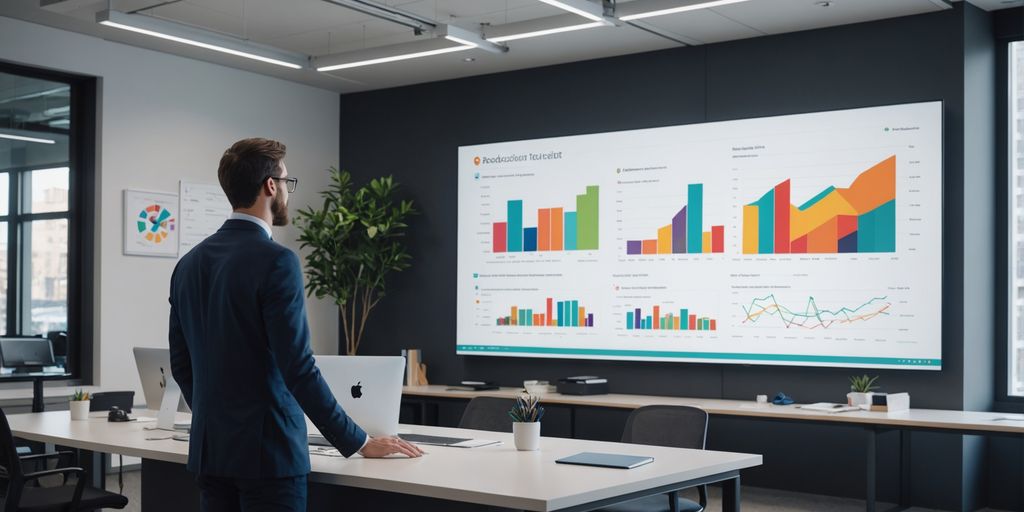 Data analyst presenting colorful data visualization