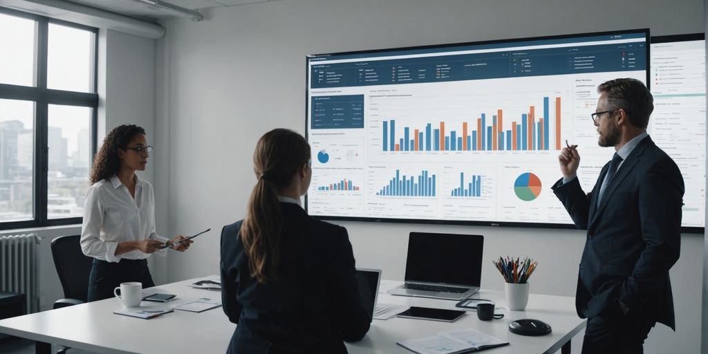 Professionals analyzing data charts on screen.