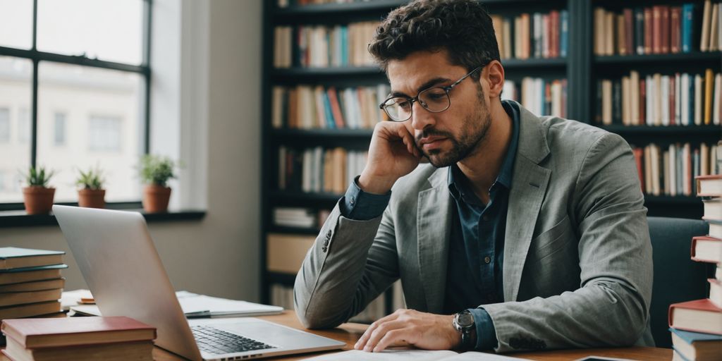 Person thinking at desk with books and laptop.